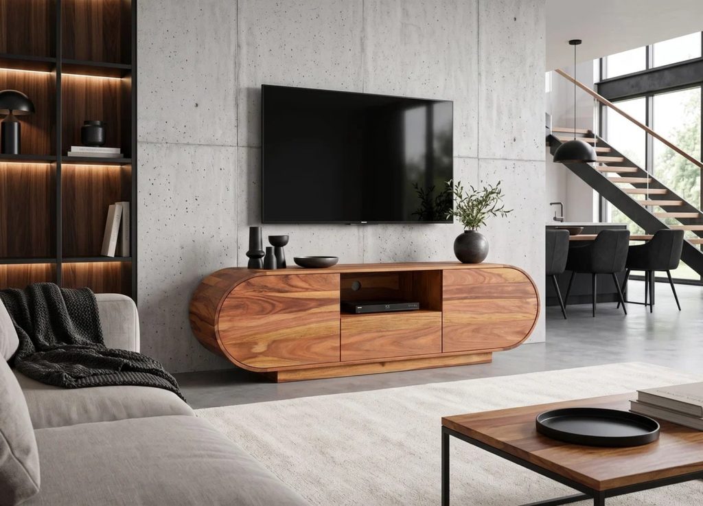 Meuble TV Ovélis en sheesham massif 160 cm dans un salon contemporain