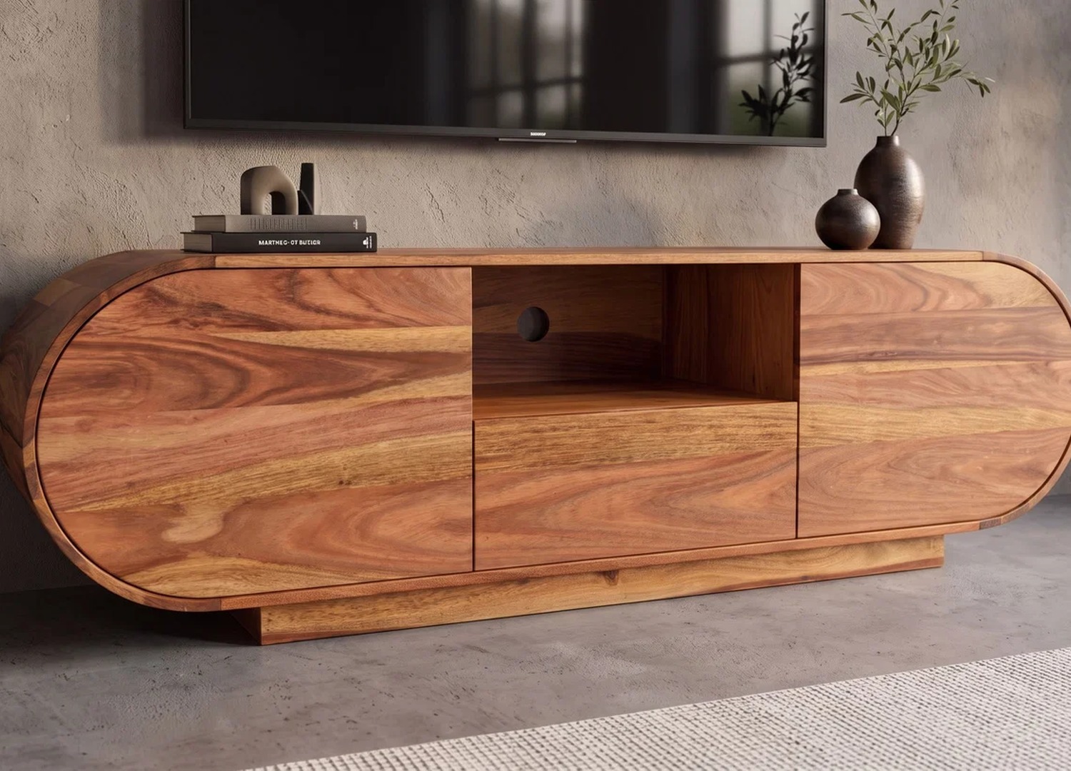 Meuble TV Ovélis ovale en sheesham massif finition stone finish