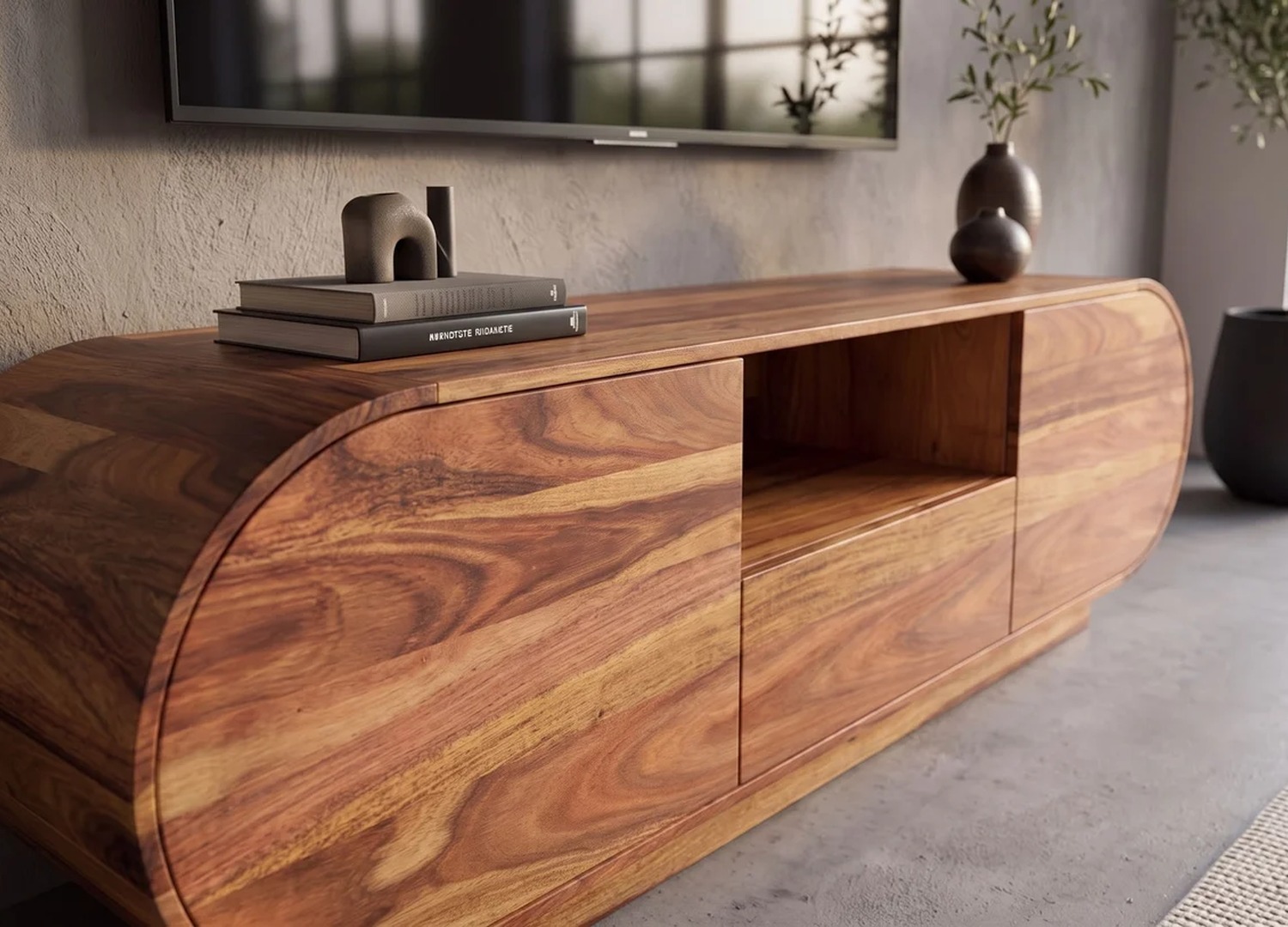 Vue trois quarts du meuble TV Ovélis en sheesham stone finish