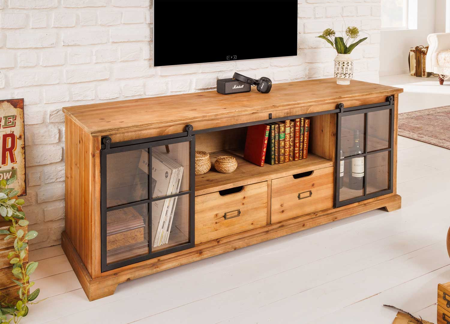 Meuble tv portes en verre coulissantes et bois industriel