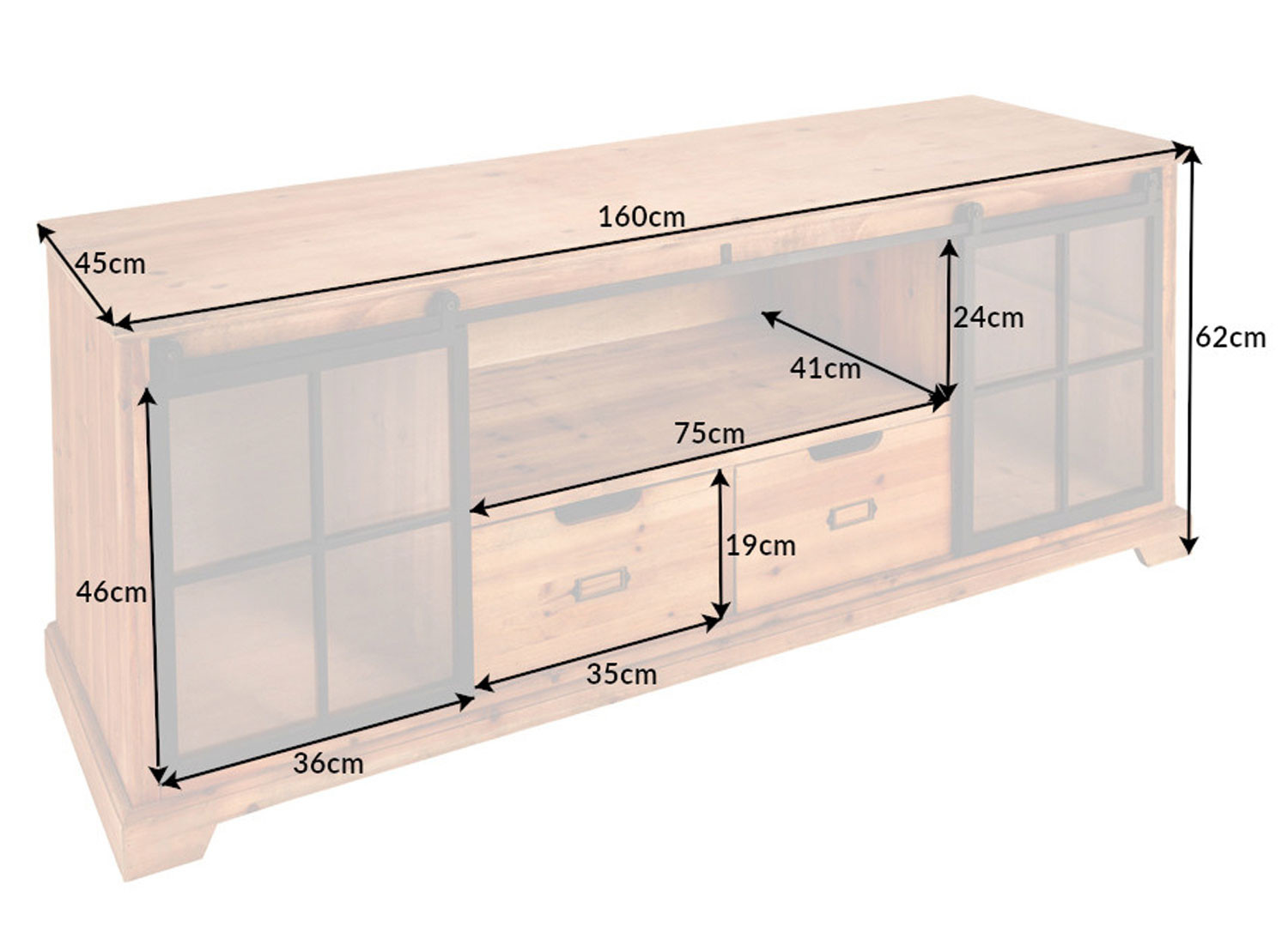 Meuble tv portes en verre coulissantes et bois industriel