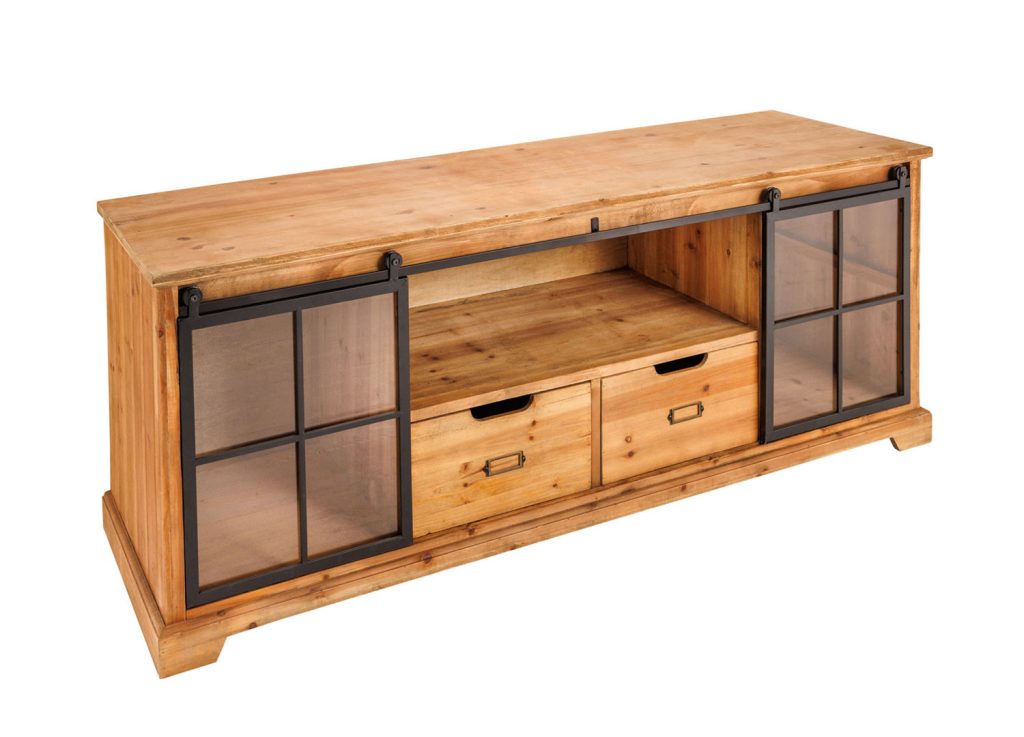 Meuble tv portes en verre coulissantes et bois industriel