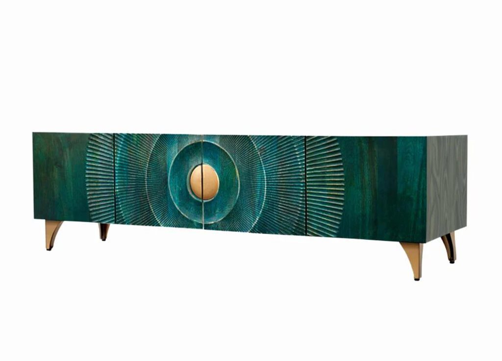 Meuble TV Sunset 180 cm en manguier turquoise - vue principale sur fond blanc