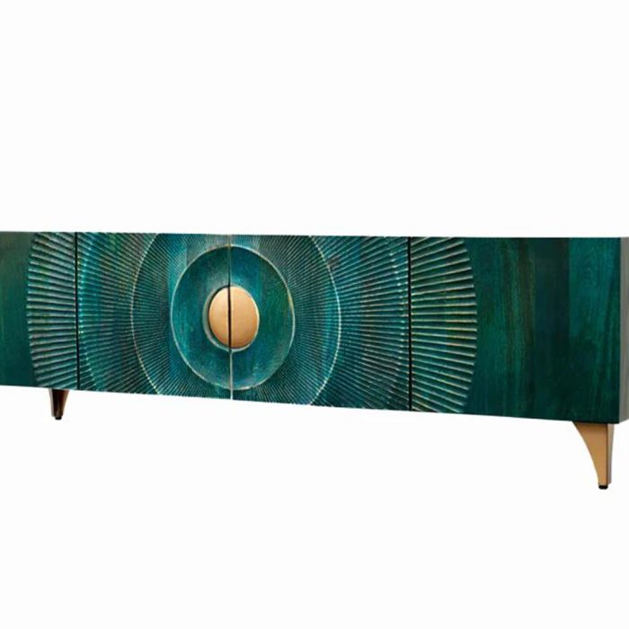 Meuble TV Sunset 180 cm en manguier turquoise - vue principale sur fond blanc