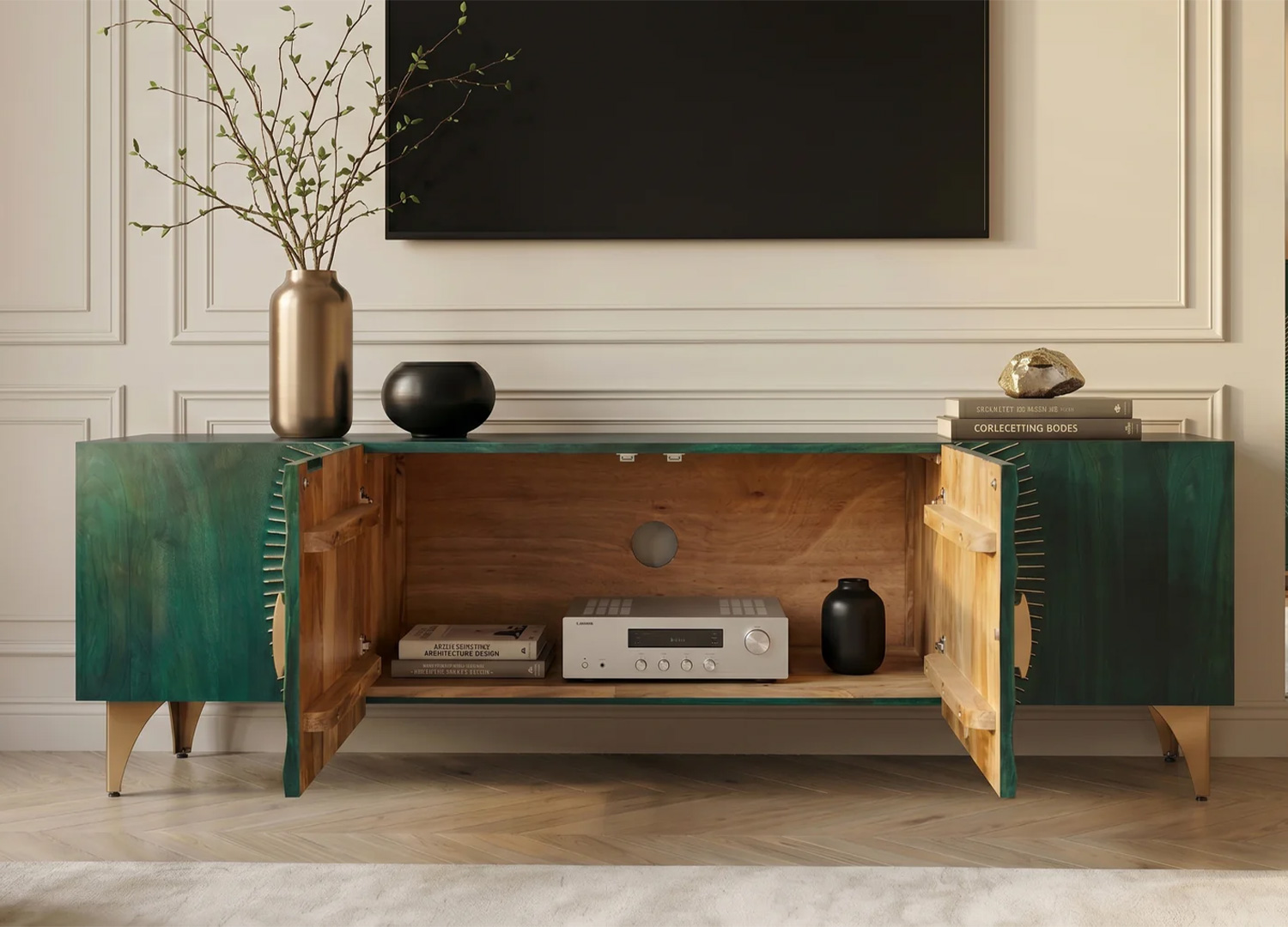 Détail des charnières avec fermeture douce soft close du meuble TV Sunset