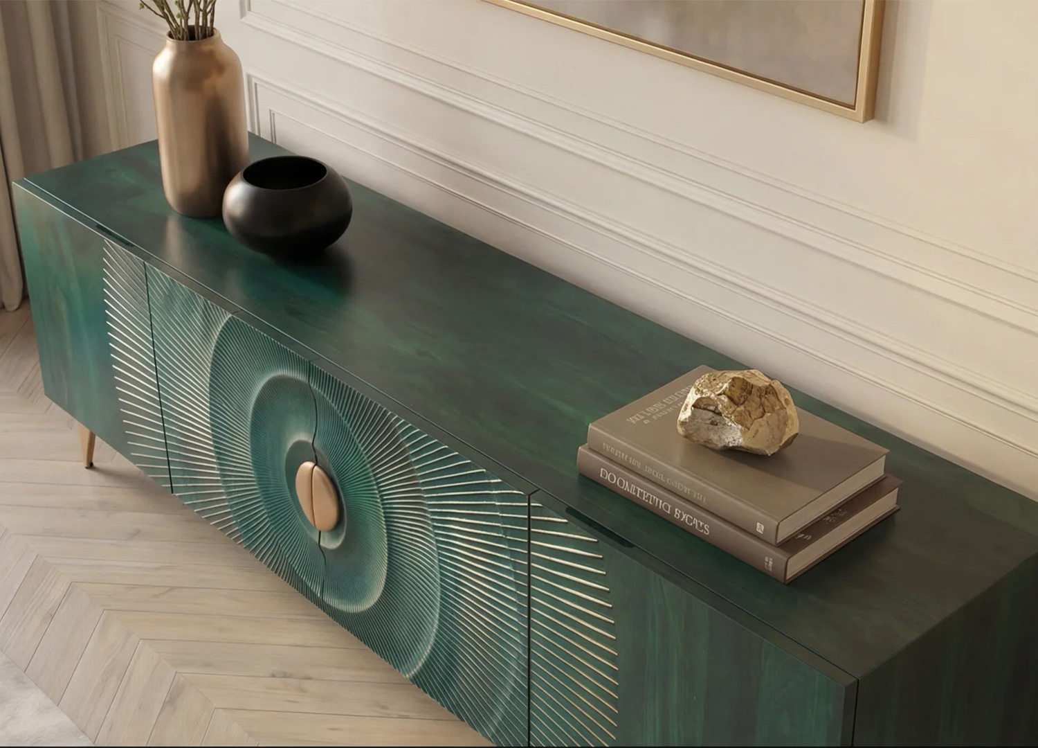 Détail du plateau supérieur en manguier teinté turquoise du meuble TV Sunset