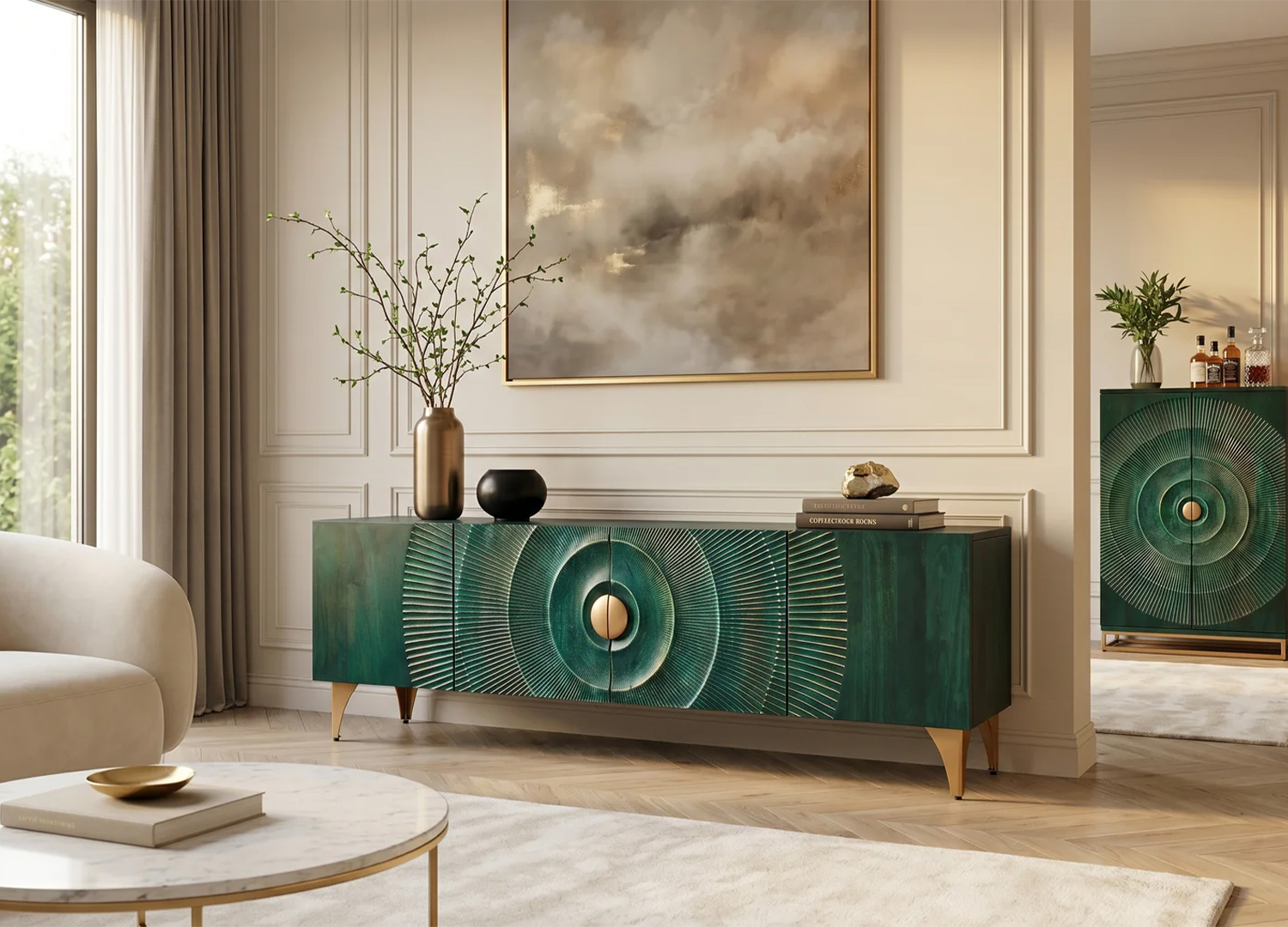 Meuble TV bas Sunset turquoise - vue trois quarts