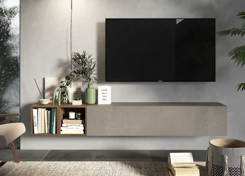 Meuble tv suspendu 1 portes 2 niches 194 cm