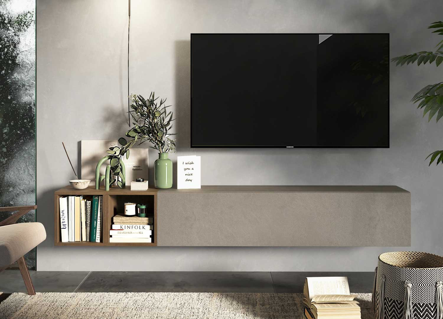 Meuble tv suspendu 1 portes 2 niches 194 cm
