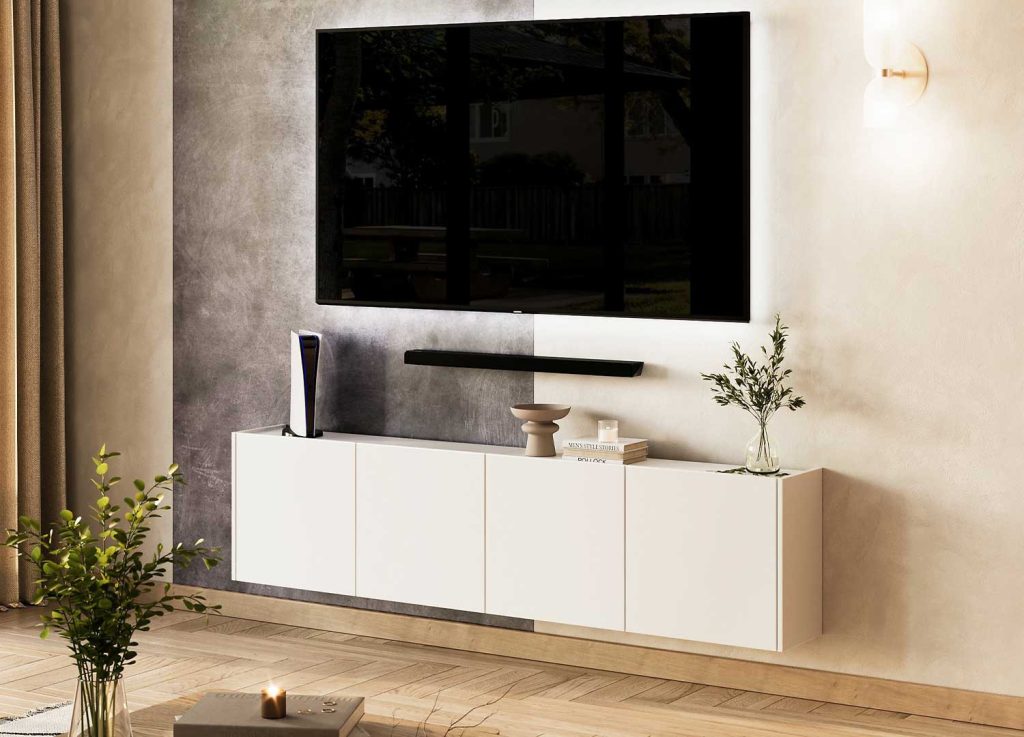 Meuble TV suspendu blanc 4 portes 183 cm Piana
