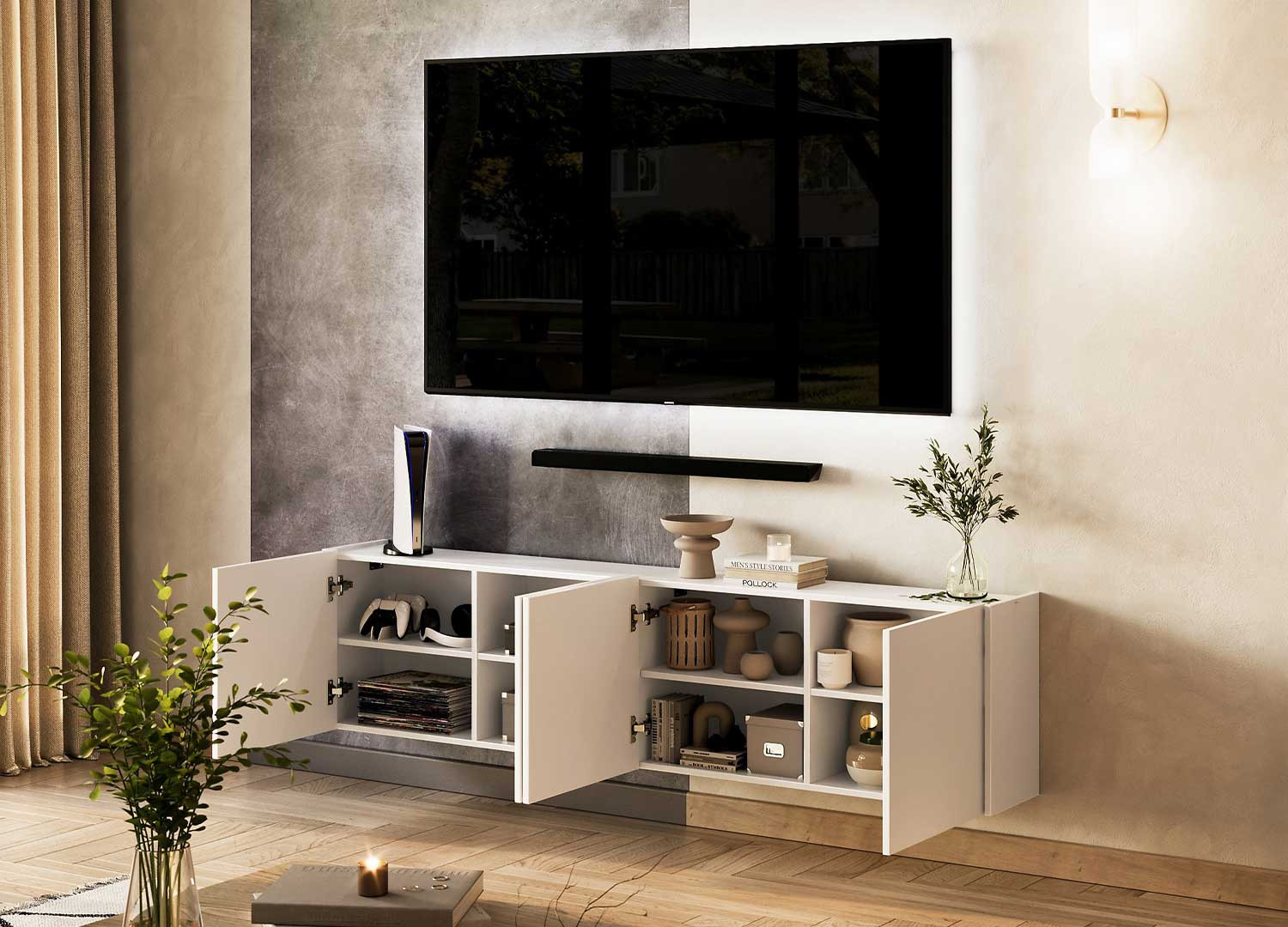Meuble TV suspendu blanc 4 portes 183 cm Piana