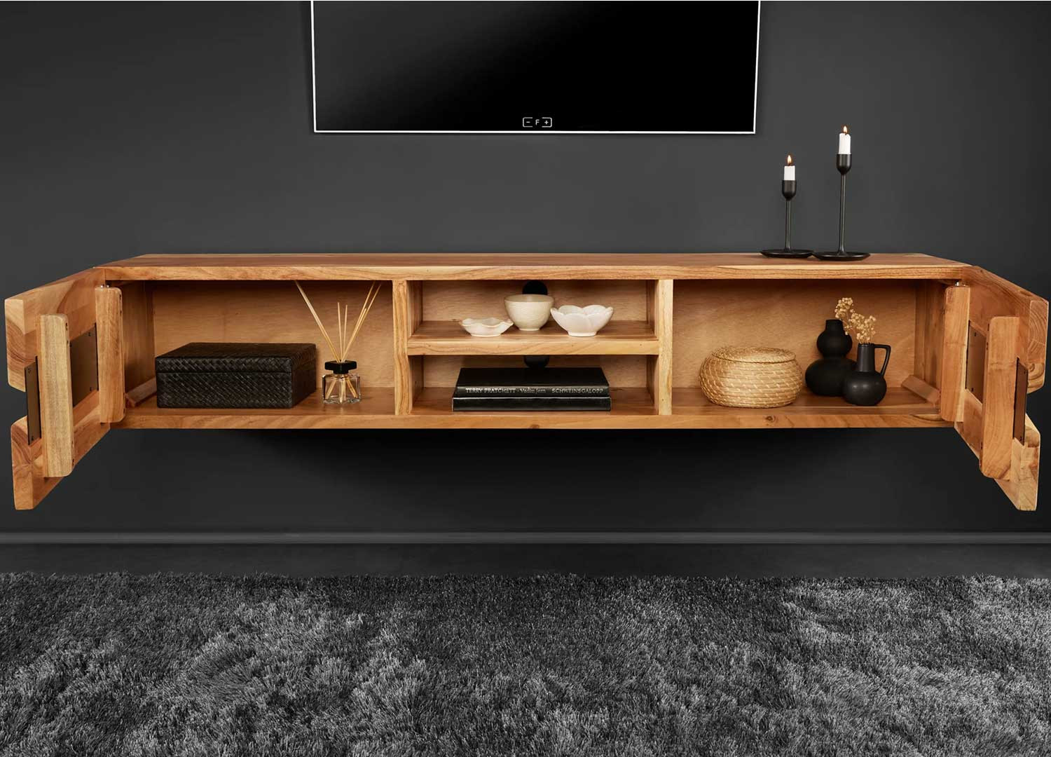 Meuble TV suspendu en acacia 160 cm Lazaro