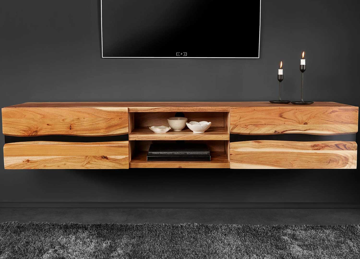 Meuble TV suspendu en acacia 160 cm Lazaro