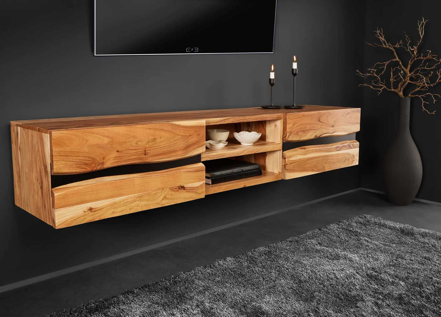 Meuble TV suspendu en acacia 160 cm Lazaro
