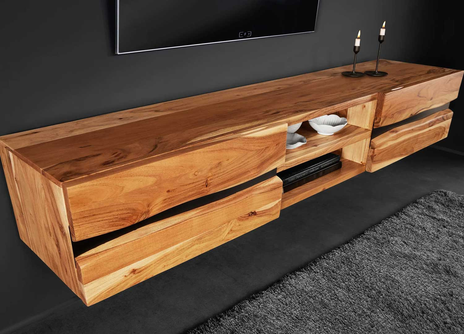 Meuble TV suspendu en acacia 160 cm Lazaro