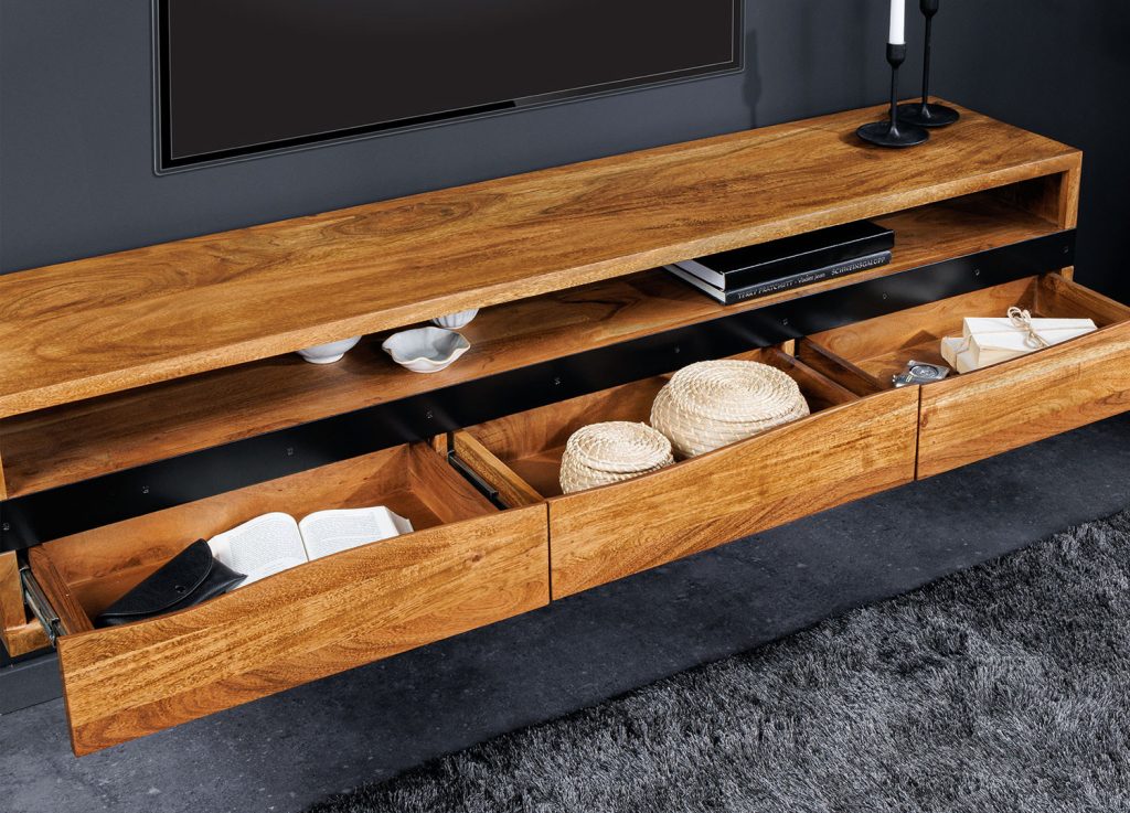 Meuble TV suspendu en acacia 3 tiroirs 160 cm Aeris