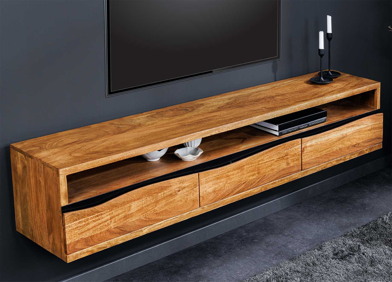 Meuble TV suspendu en acacia 3 tiroirs 160 cm Aeris