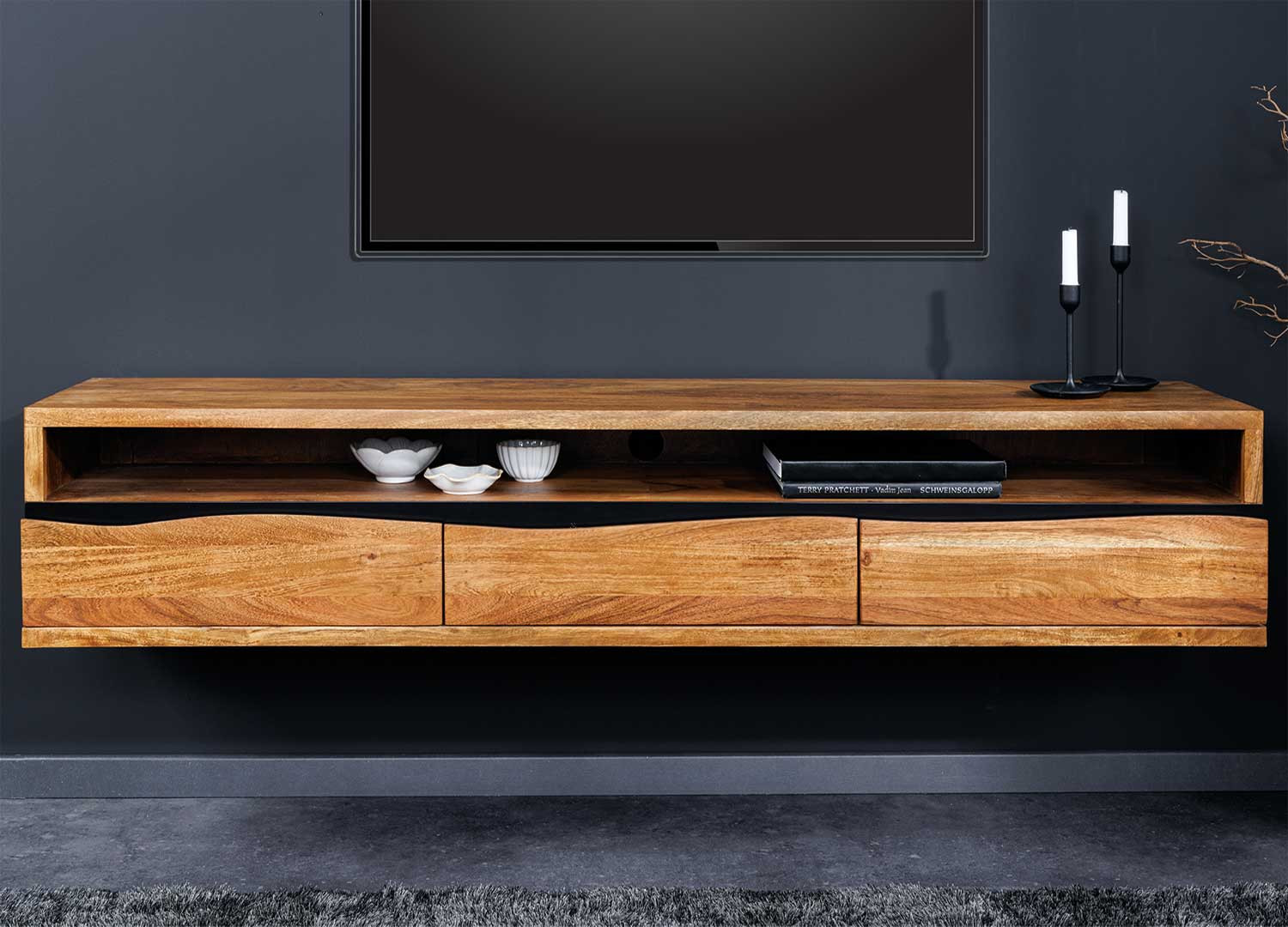 Meuble TV suspendu en acacia 3 tiroirs 160 cm Aeris