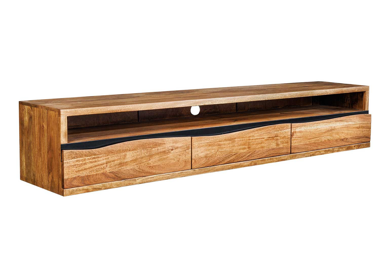 Meuble TV suspendu en acacia 3 tiroirs 160 cm Aeris