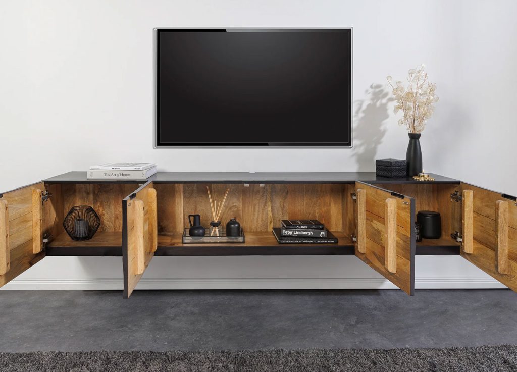 Meuble TV suspendu en manguier noir sculpté 200 cm Elno