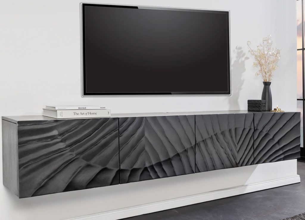 Meuble TV suspendu en manguier noir sculpté 200 cm Elno