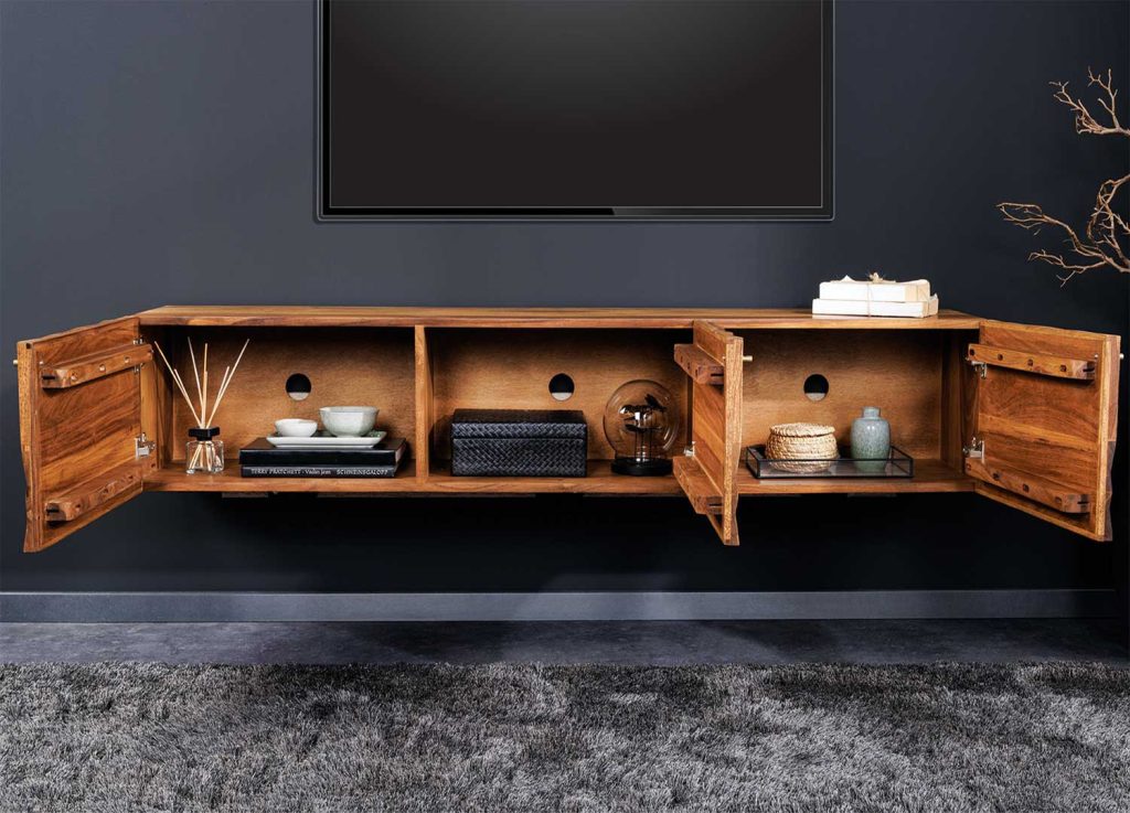 Meuble TV suspendu en sesham 3 portes 160 cm Eliora