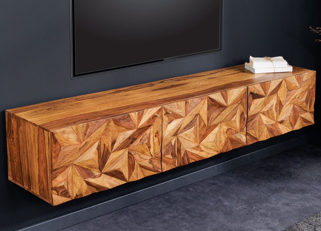 Meuble TV suspendu en sesham 3 portes 160 cm Eliora