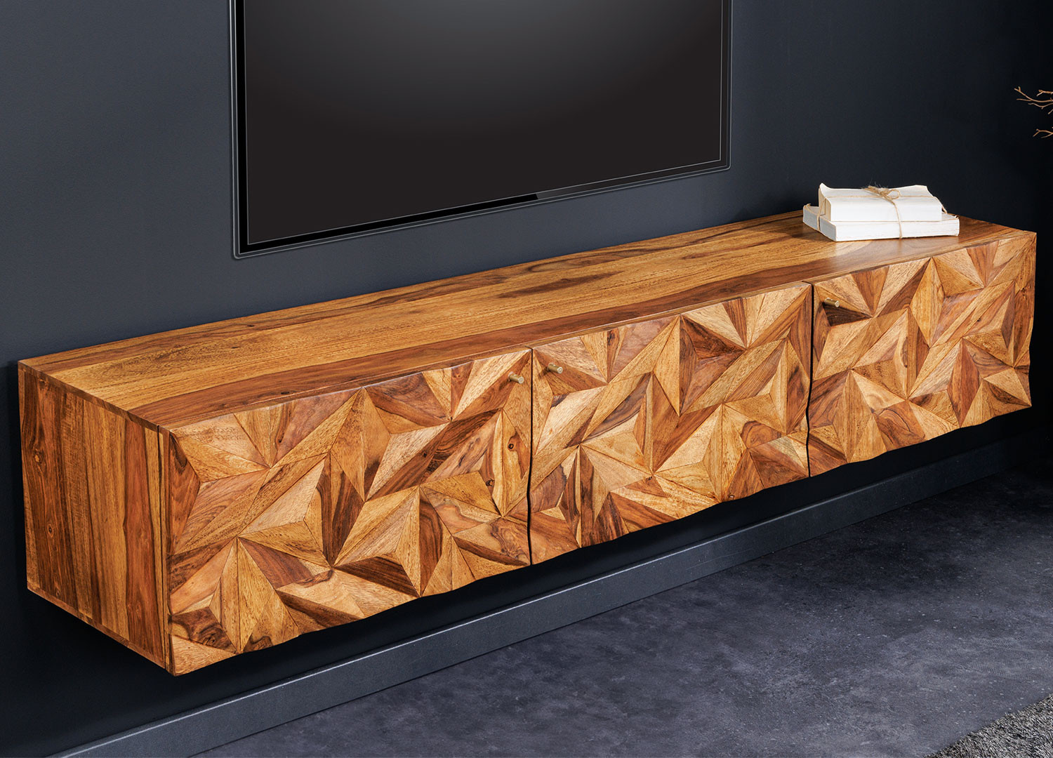 Meuble TV suspendu en sesham 3 portes 160 cm Eliora