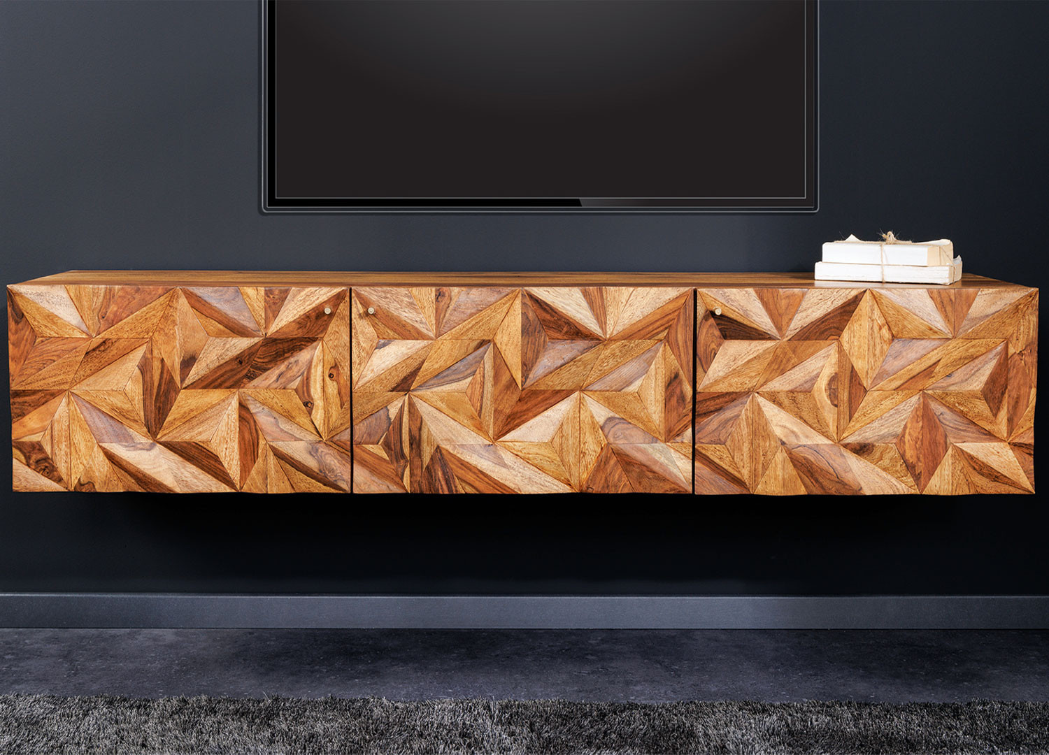 Meuble TV suspendu en sesham 3 portes 160 cm Eliora