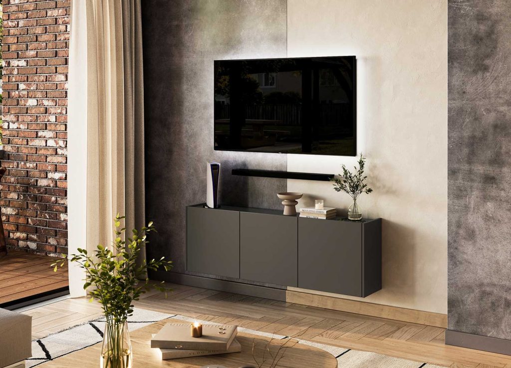 Meuble TV suspendu graphite 3 portes 138 cm Piana