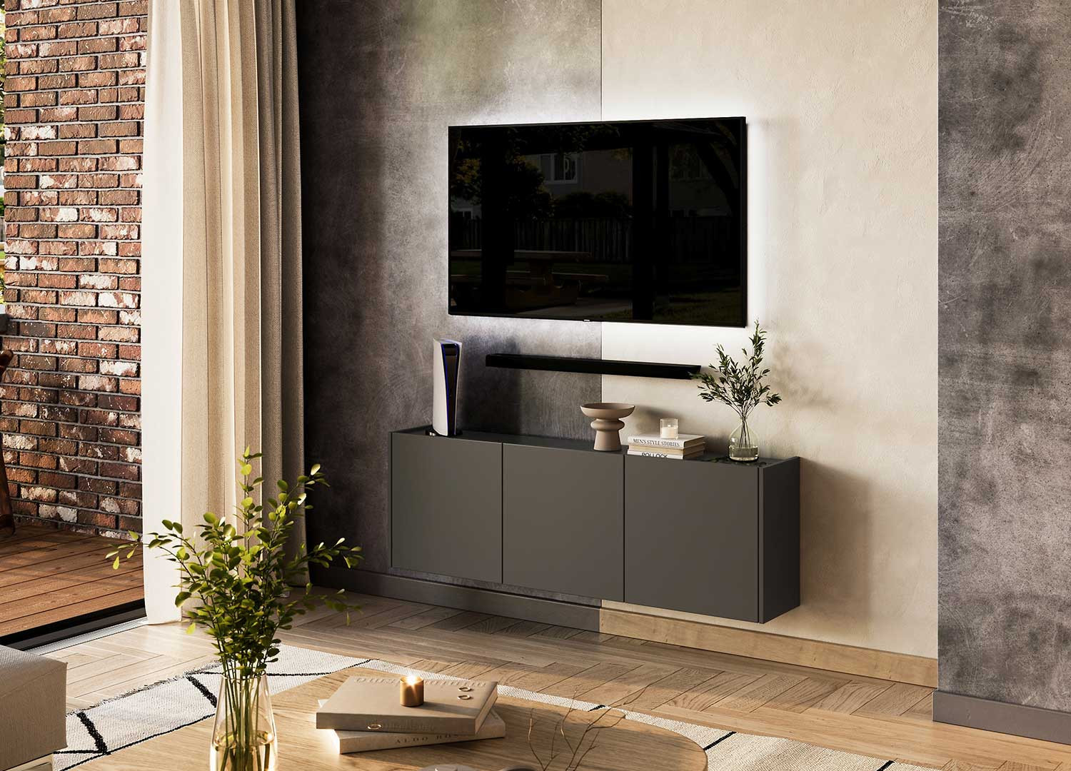 Meuble TV suspendu graphite 3 portes 138 cm Piana