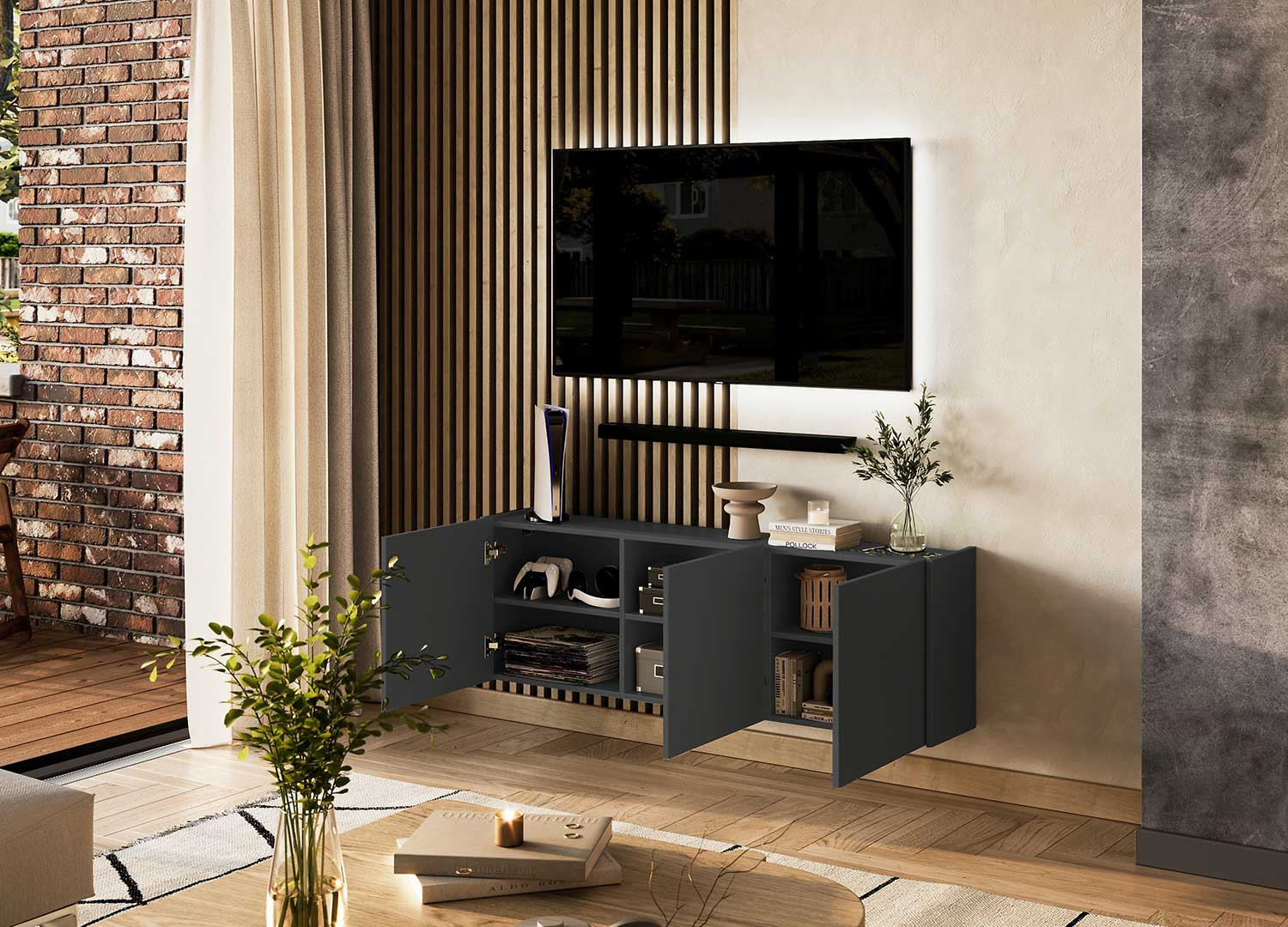 Meuble TV suspendu graphite 3 portes 138 cm Piana