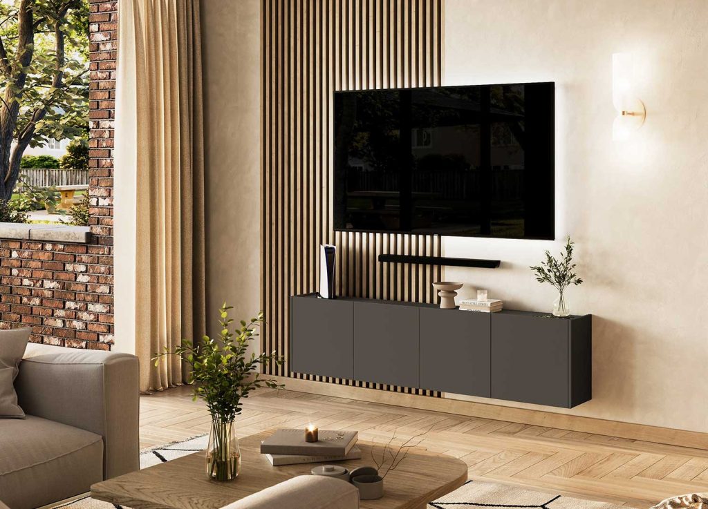 Meuble TV suspendu graphite 4 portes 183 cm Piana