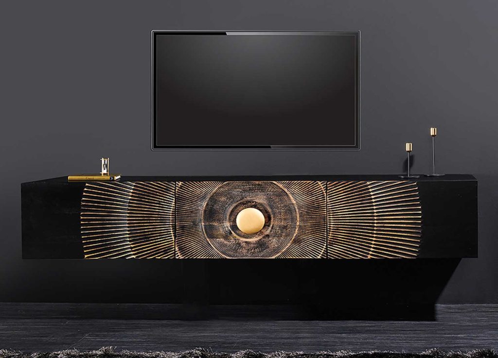 Meuble tv suspendu manguier noir et détails dorés 160 cm