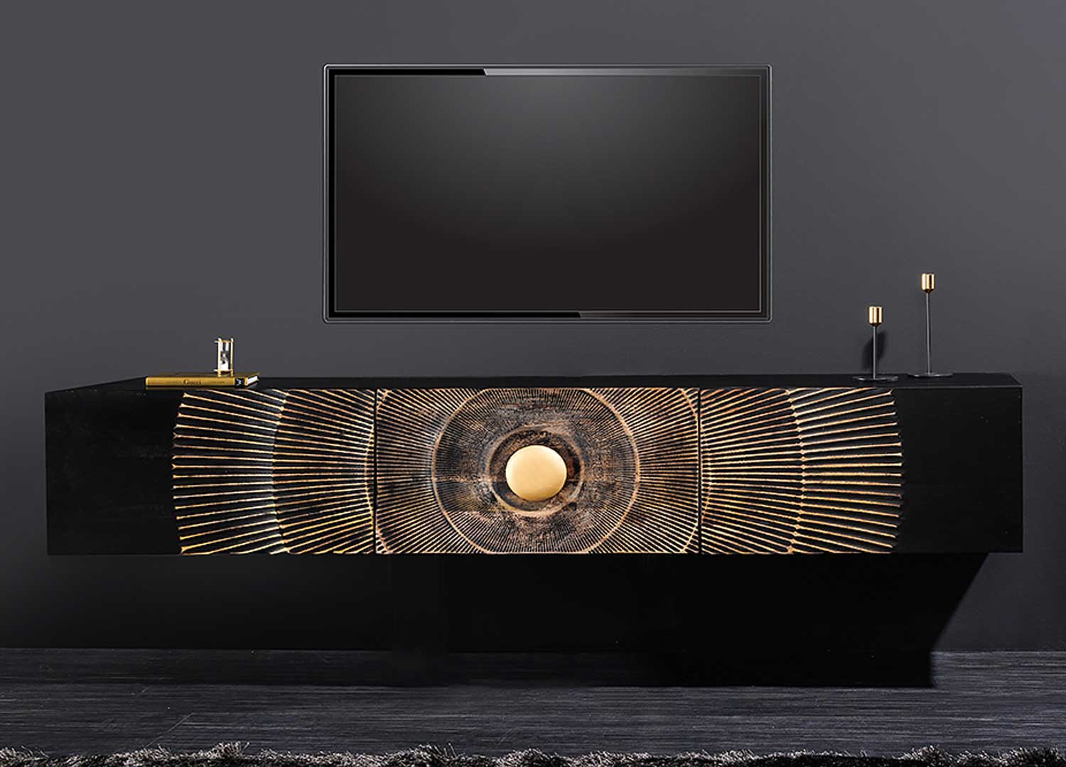 Meuble tv suspendu manguier noir et détails dorés 160 cm