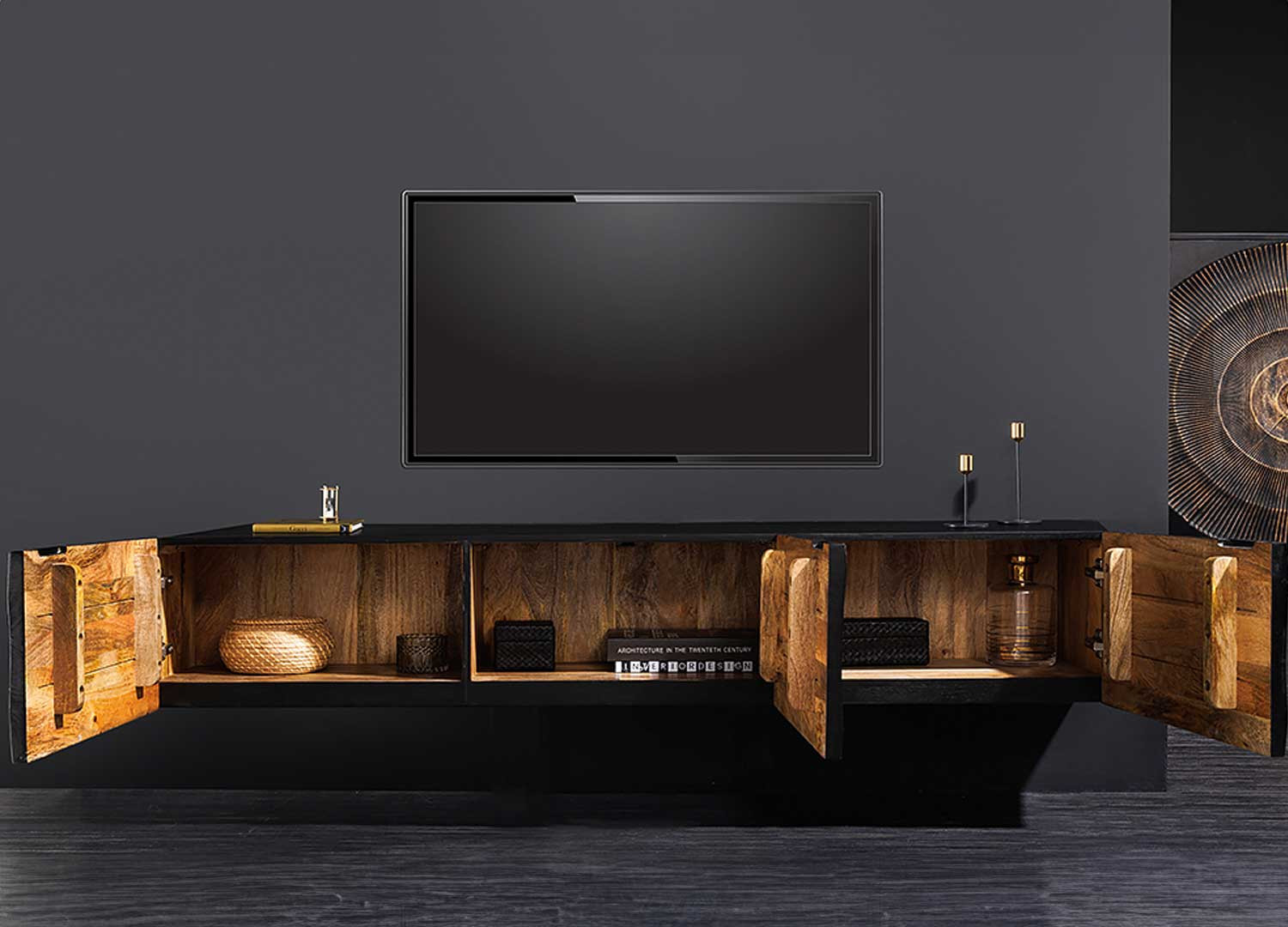 Meuble tv suspendu manguier noir et détails dorés 160 cm