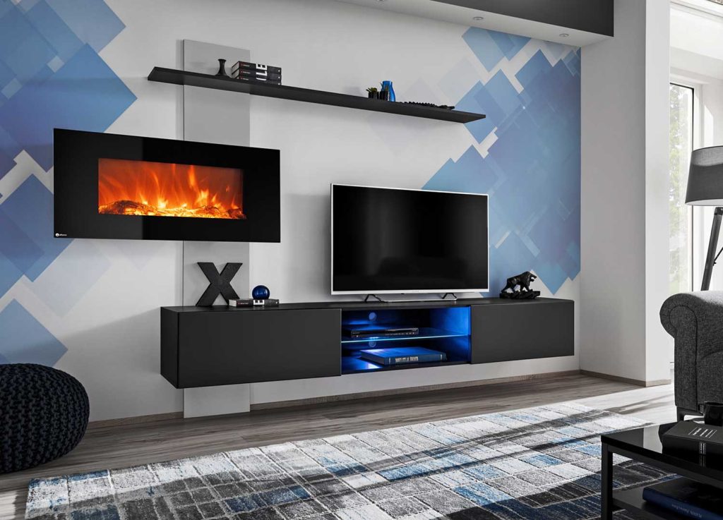 Meuble tv suspendu noir et gris avec cheminée électrique décorative