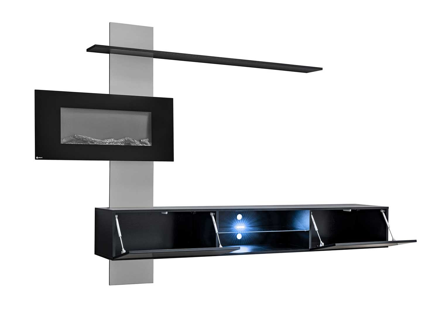 Meuble tv suspendu noir et gris avec cheminée électrique décorative