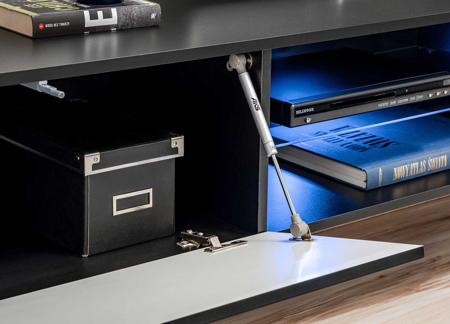 Meuble tv suspendu noir et gris avec cheminée électrique décorative