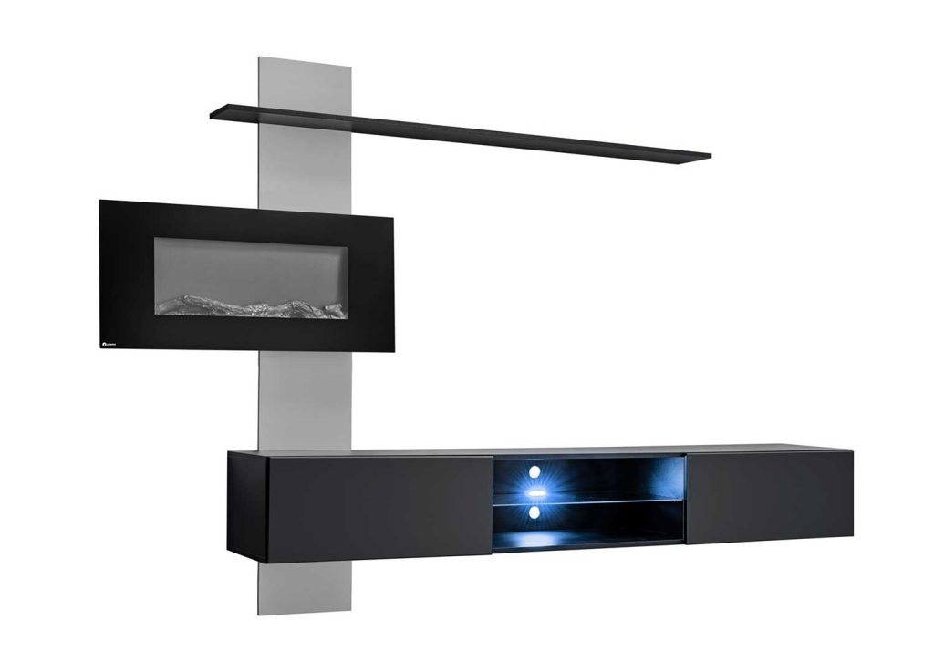 Meuble tv suspendu noir et gris avec cheminée électrique décorative