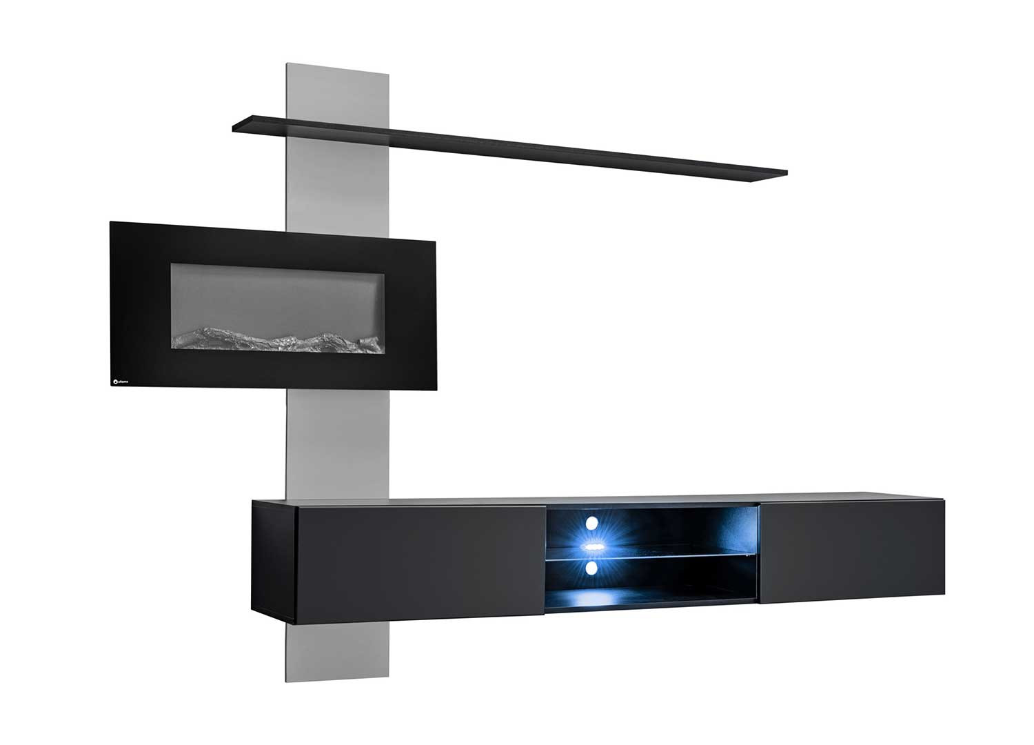Meuble tv suspendu noir et gris avec cheminée électrique décorative