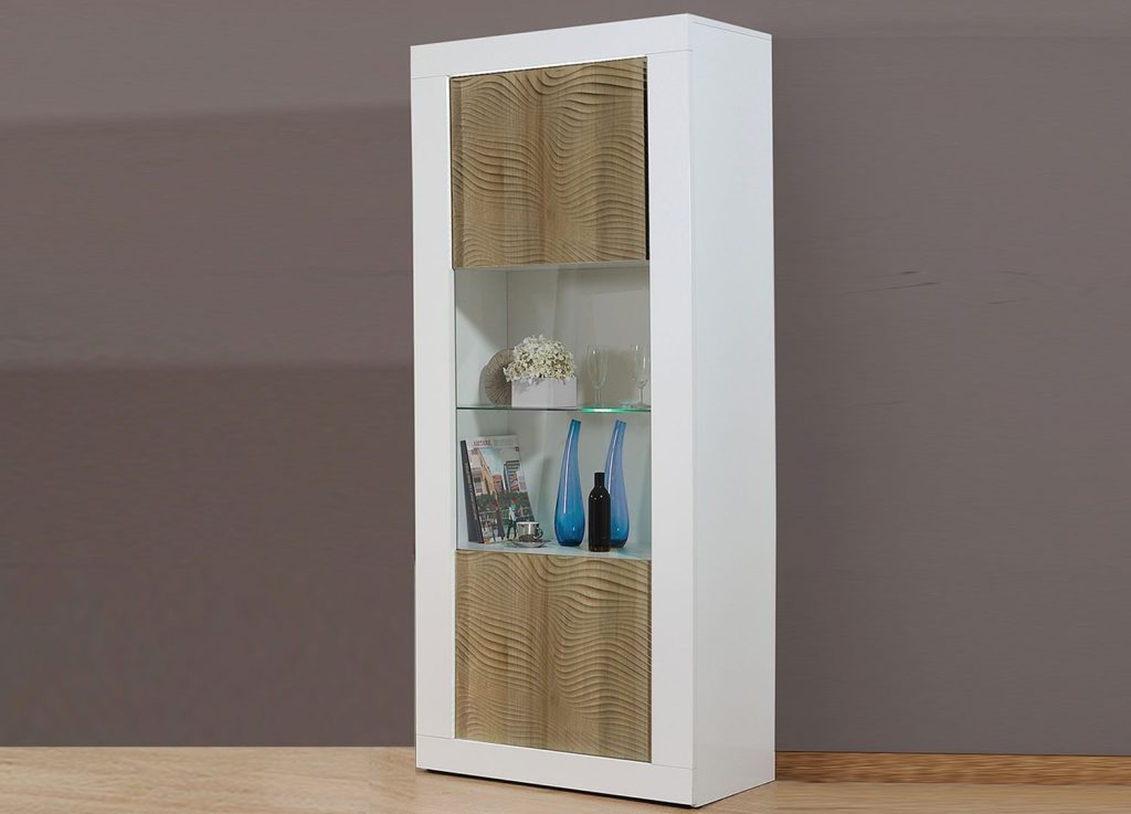 Meuble vitrine blanc laqué et déco chêne à led