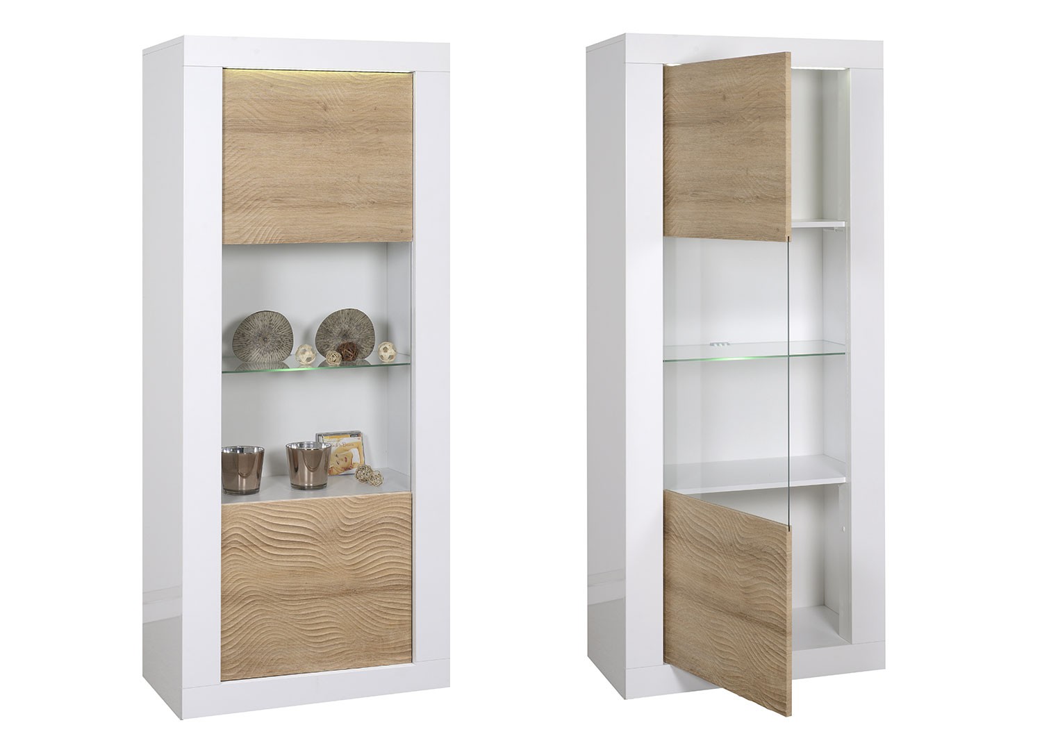 Meuble vitrine blanc laqué et déco chêne à led