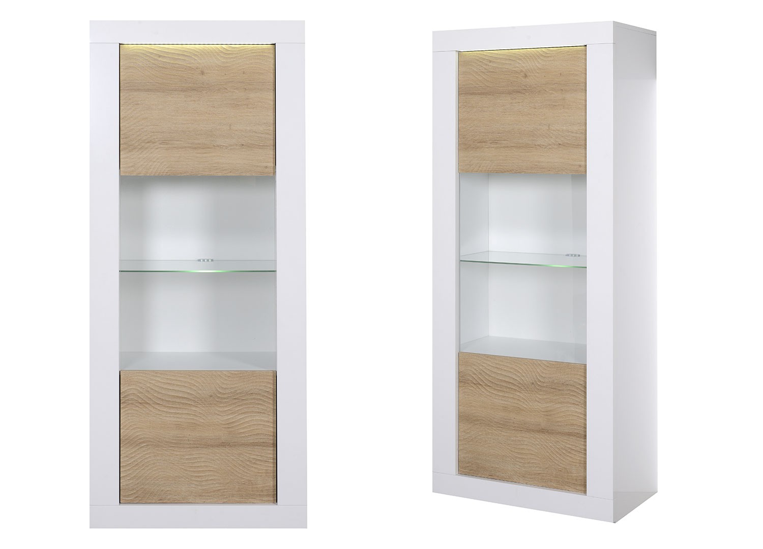 Meuble vitrine blanc laqué et déco chêne à led