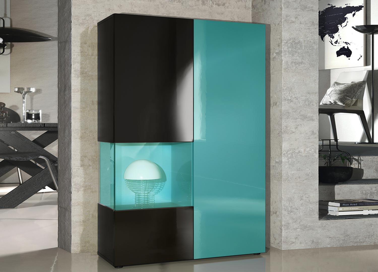 Meuble vitrine design en verre et bois finition laquée