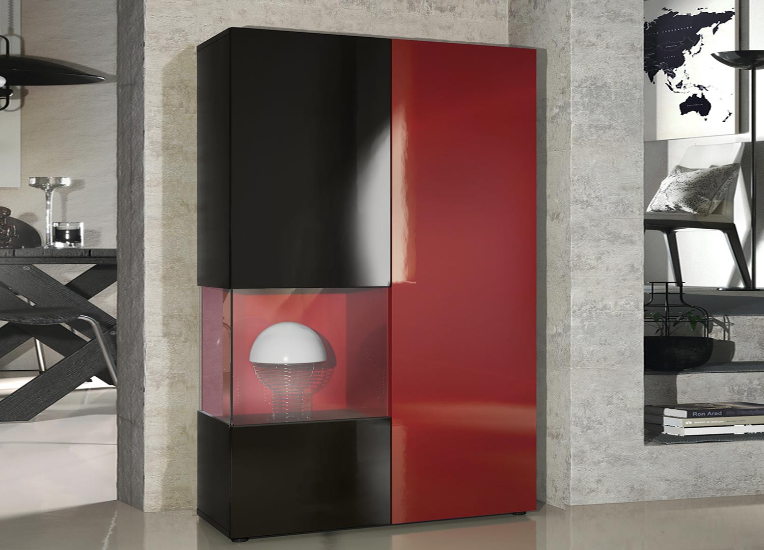 Meuble vitrine design en verre et bois finition laquée