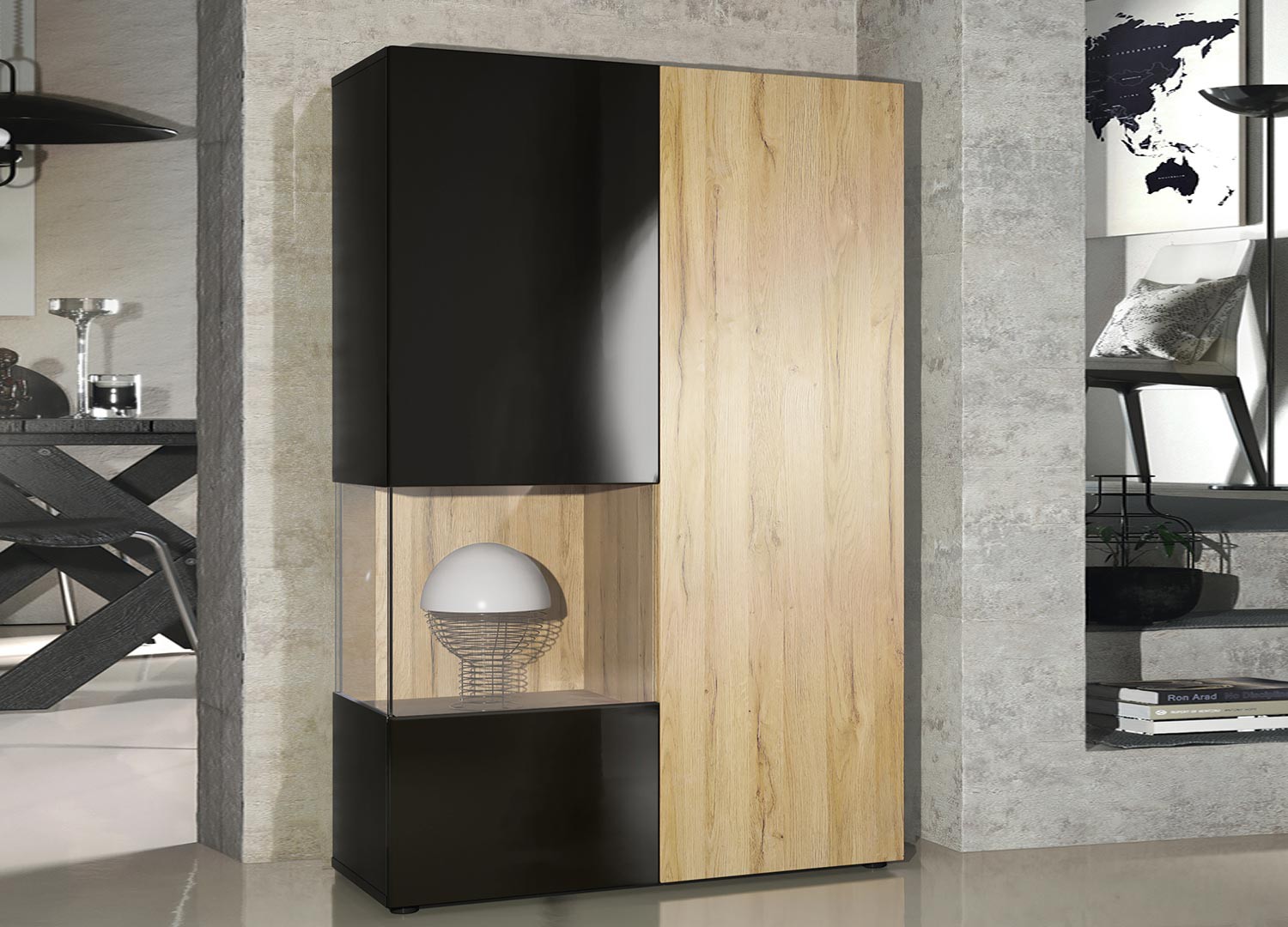 Meuble vitrine design en verre et bois finition laquée