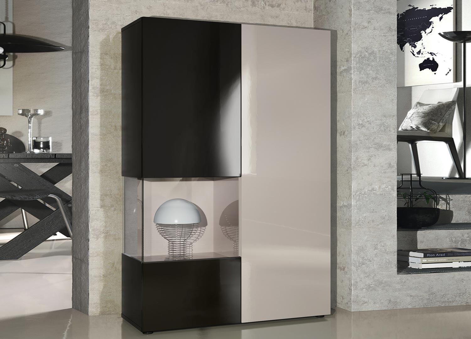 Meuble vitrine design en verre et bois finition laquée