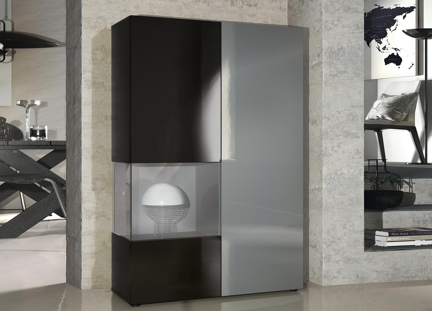 Meuble vitrine design en verre et bois finition laquée