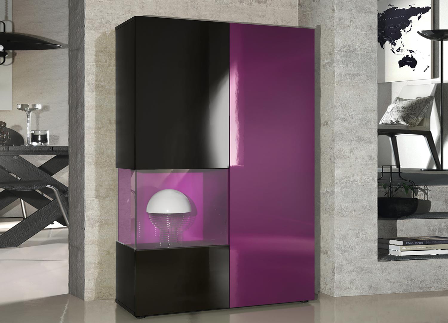 Meuble vitrine design en verre et bois finition laquée